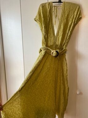 LPA Baronicio Belted Crinkle Dress in Pistachio Green Lightweight & chic small